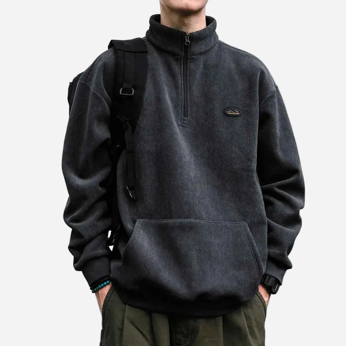 Japanese Streetwear Corduroy Half Zip Sweatshirt