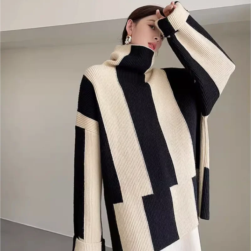 Women Retro Cozy Striped Knit Sweater - Luxuryurbanwear