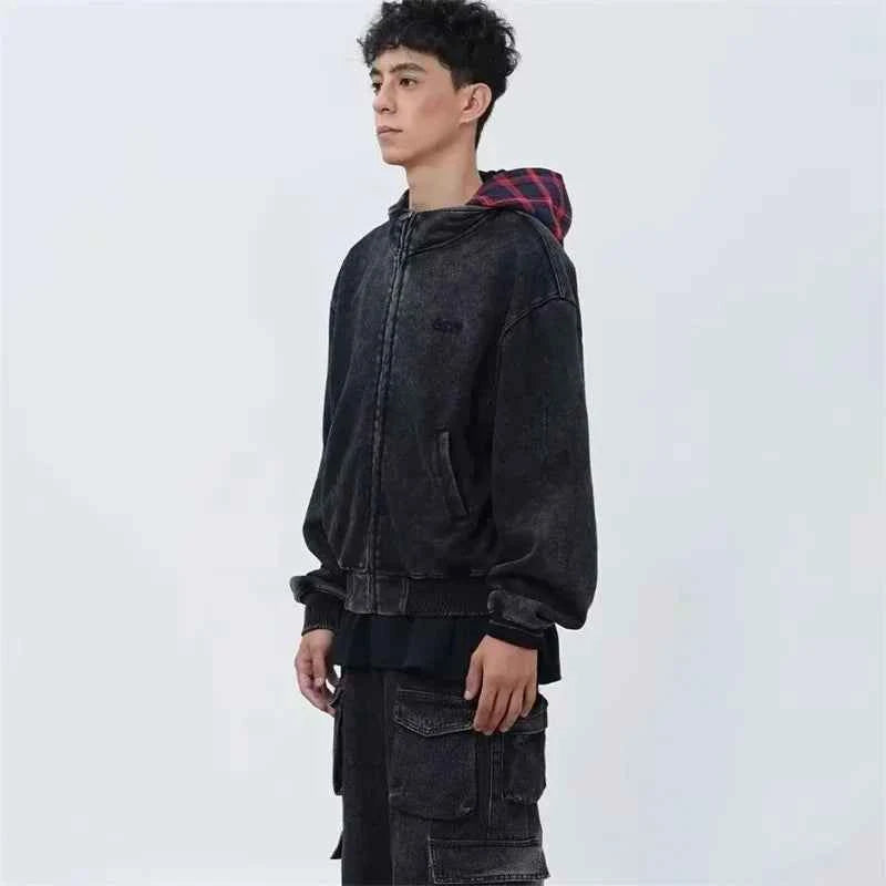 Vintage Streetwear Plaid Zipper Cool Hooded Sweatshirt
