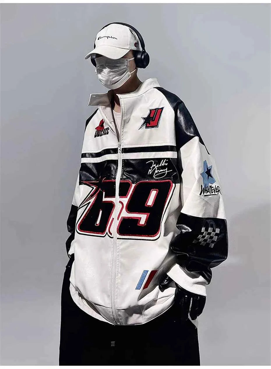 Streetwear Vintage PU Leather Race Jacket
