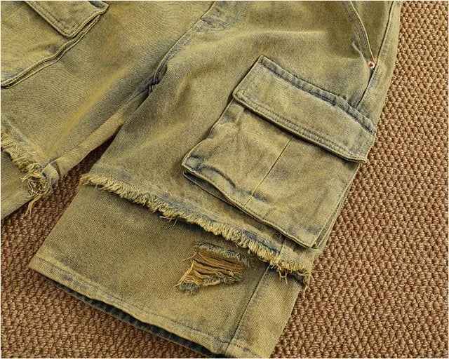 Yellow Distressed Washed Denim Cargo Short
