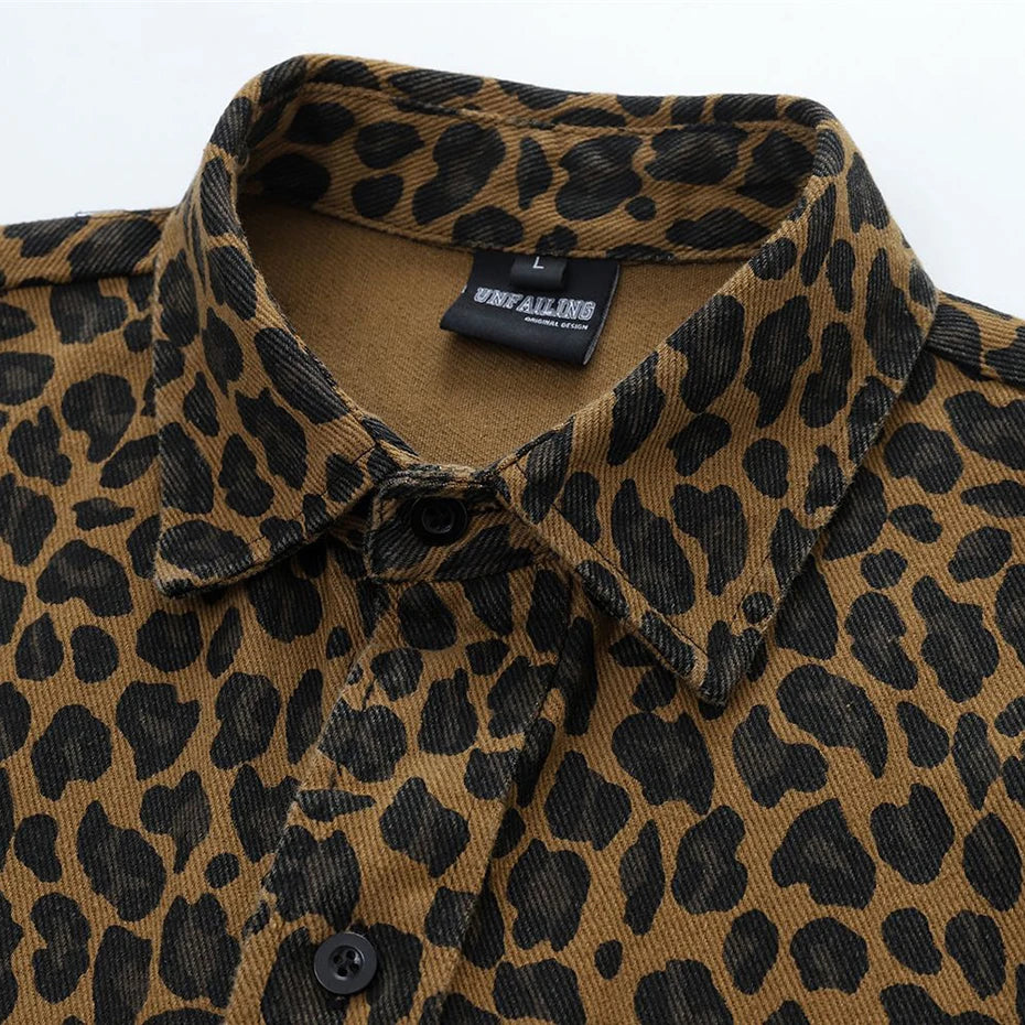 Men Vintage Leopard Shirts Streetwear Harajuku Hip Hop Oversized Shirts Button Up Blouse Casual Loose Shirts