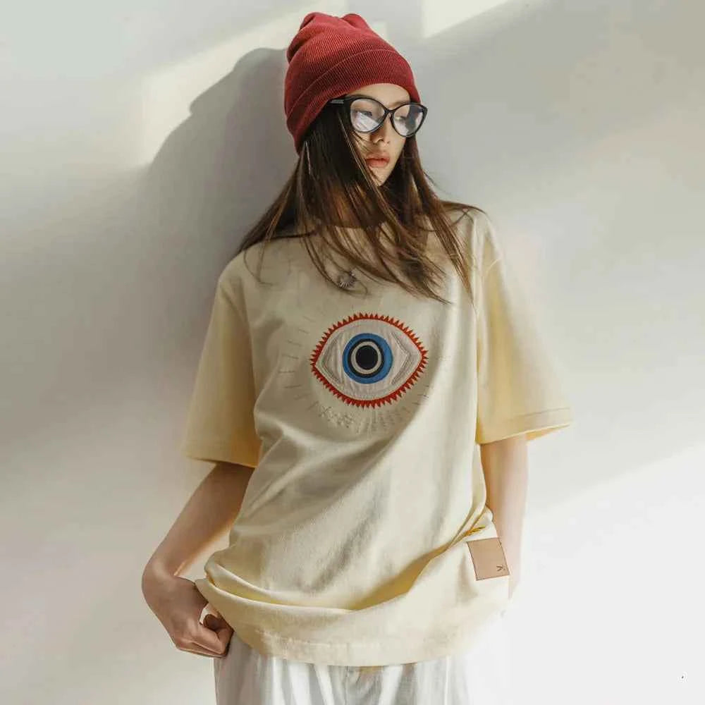 Beige Embroidered Vintage Loose O T-Shirt