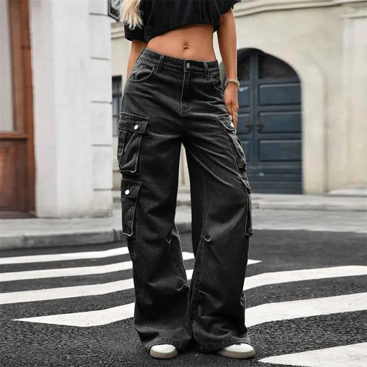 Women Retro Mid-Waisted Cargo Jeans