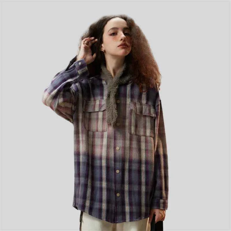 Luxury Plaid Oversized Hooded Blouse Shirt