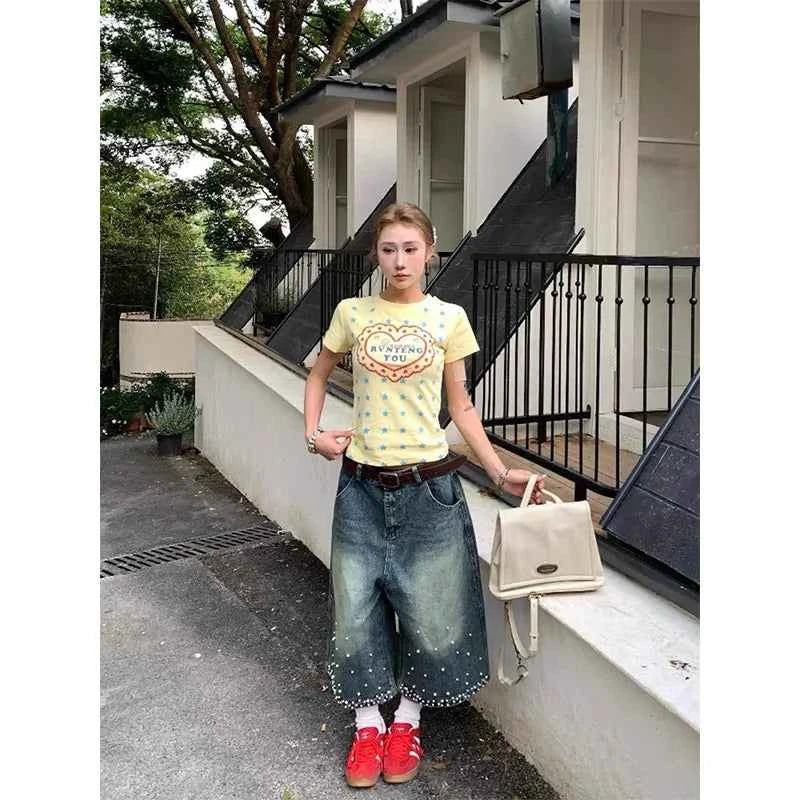 Y2K Streetwear Vintage Beaded High Waist Denim Jorts
