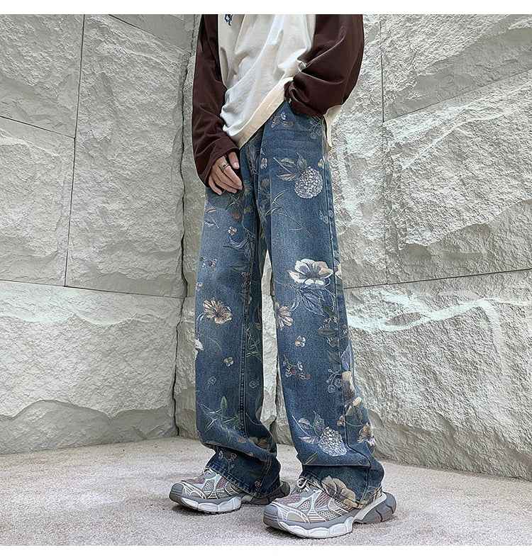 Cool Trendy Floral Printed Loose Fit Denim Jeans