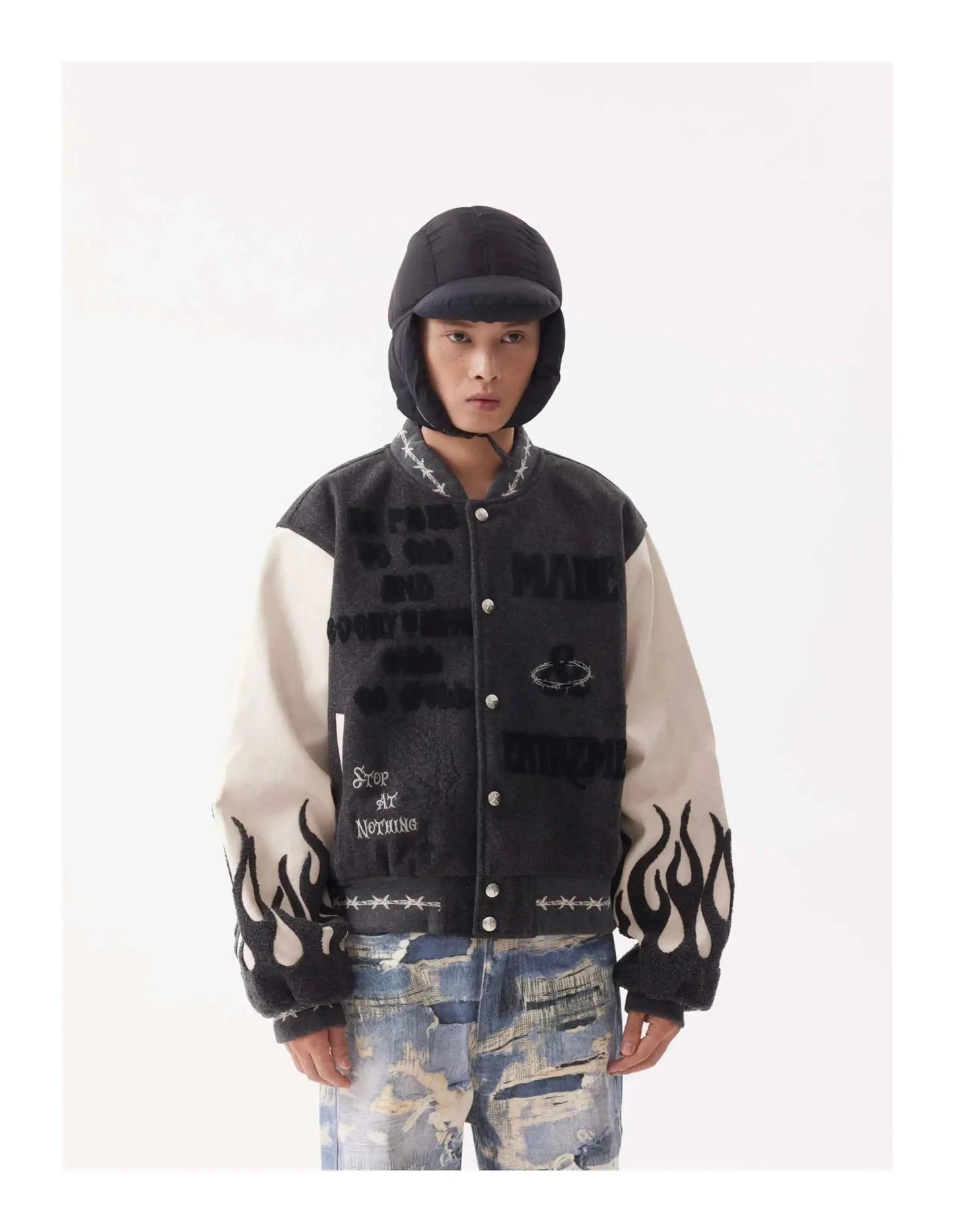 Flame Mixed Knit Embroidery Colorblock Jacket
