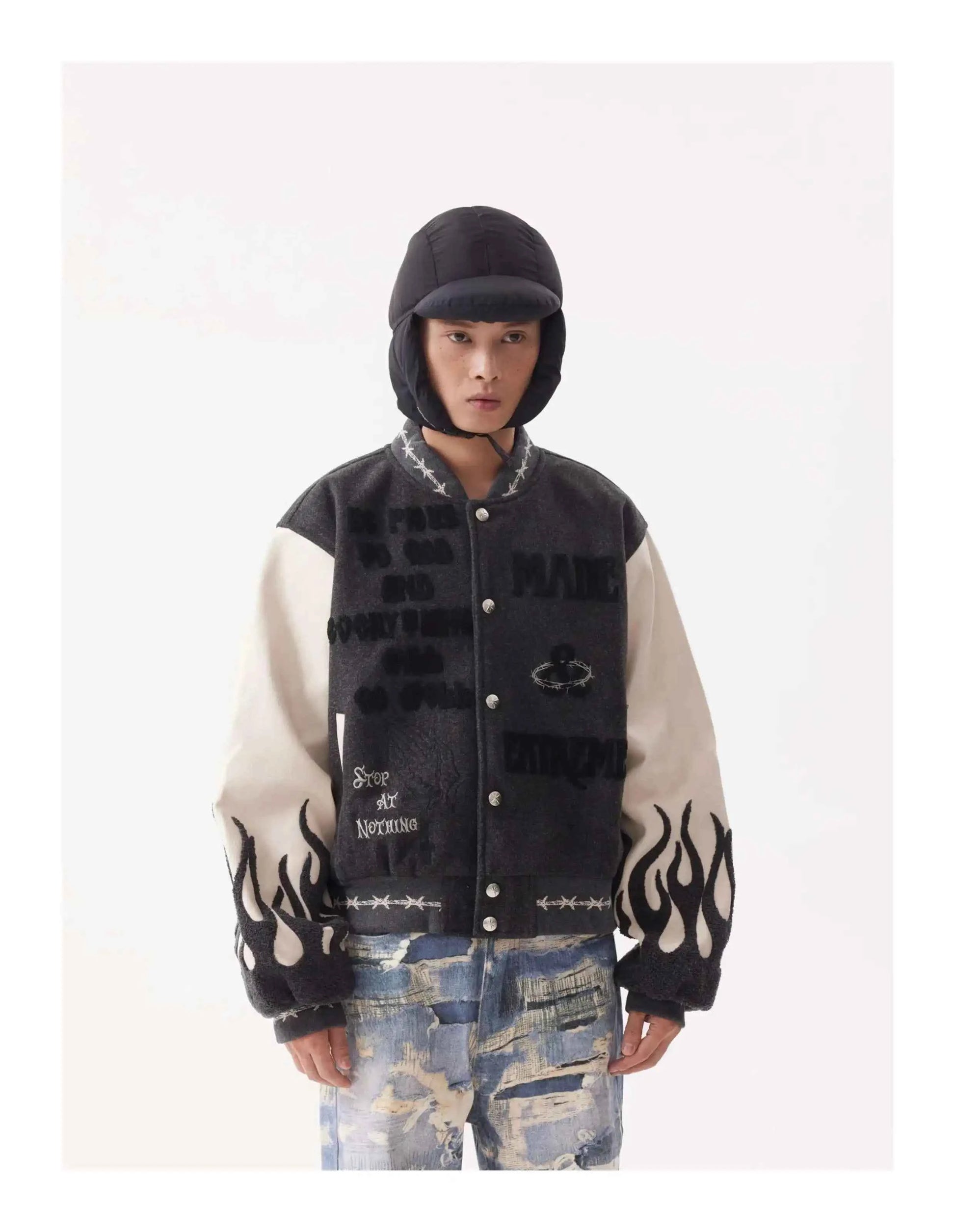 Flame Mixed Knit Embroidery Colorblock Jacket