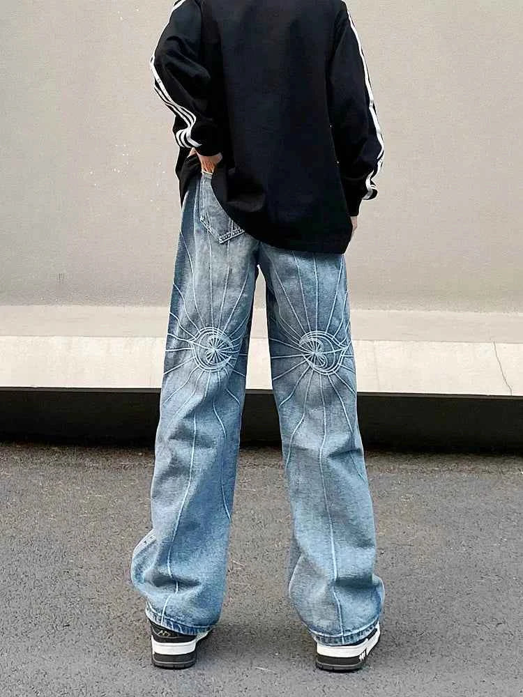 Blue Washed Gothic Punk Embroidered Jeans