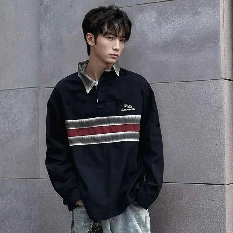 Ripped Retro Long Sleeve Polo Collar T-Shirt