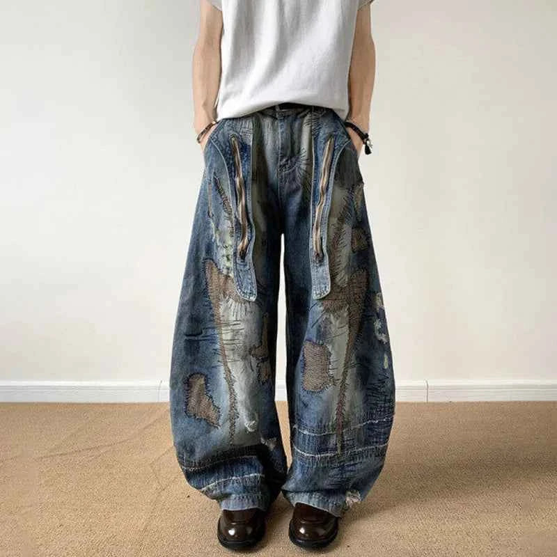 Flexible Patched Ribbon Loose Wide Leg Jeans