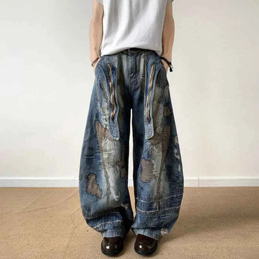 Flexible Patched Ribbon Loose Wide Leg Jeans