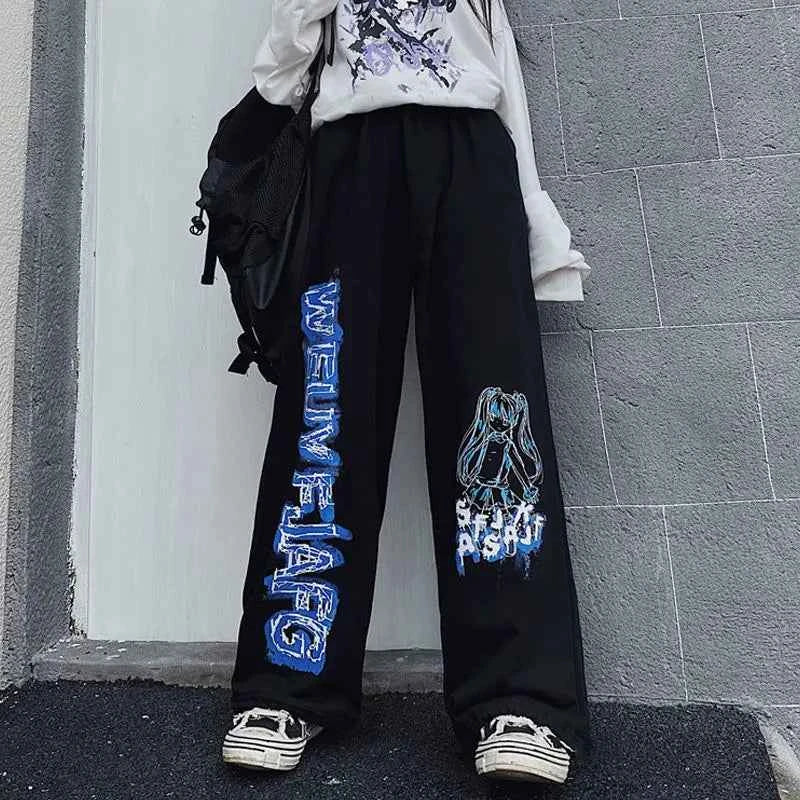 Retro Anime Print Oversized Wide Sweatpants