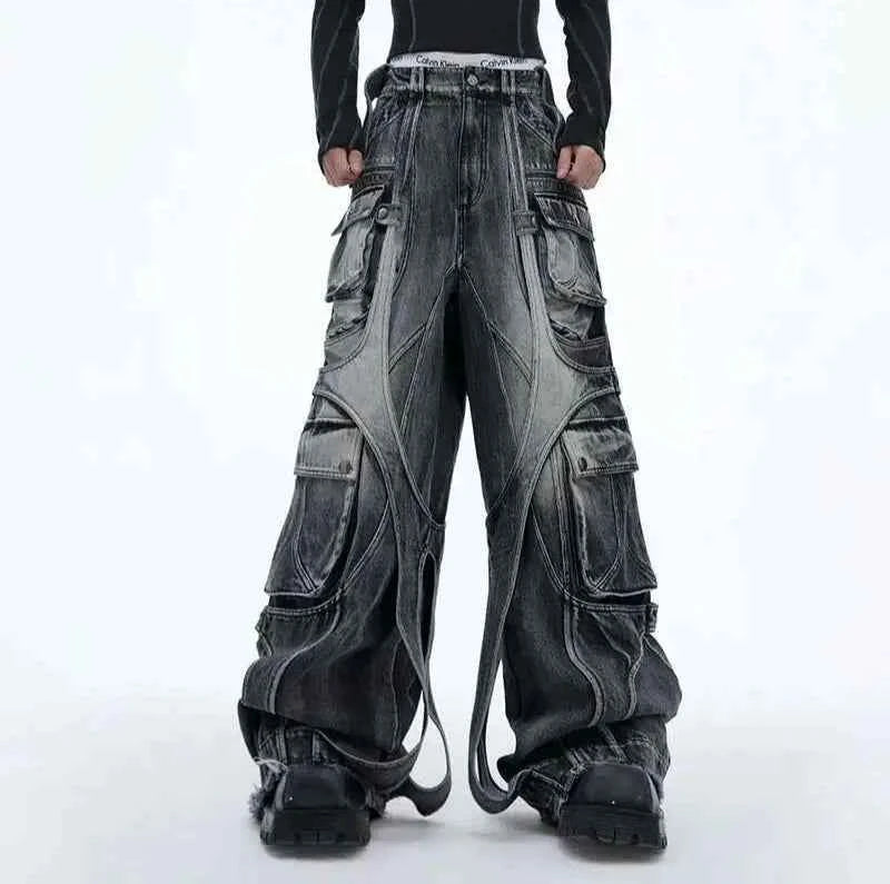 Patchwork Irregular Ribbon Wide Leg Baggy Jeans