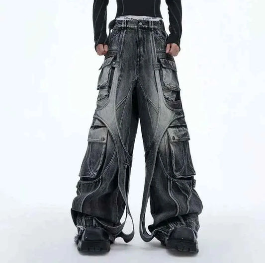 Patchwork Irregular Ribbon Wide Leg Baggy Jeans