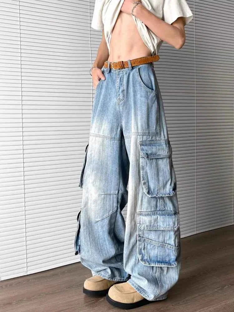 Raw Hem Realness Washed Blue Baggy Cargo Jeans