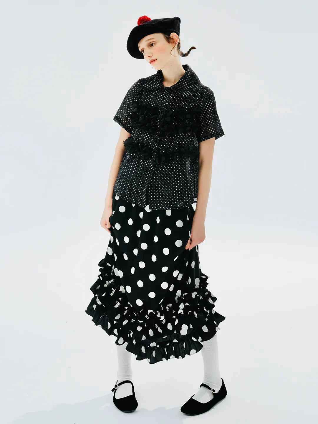 Women Black Polka Dot Lapel Short Sleeve Shirt