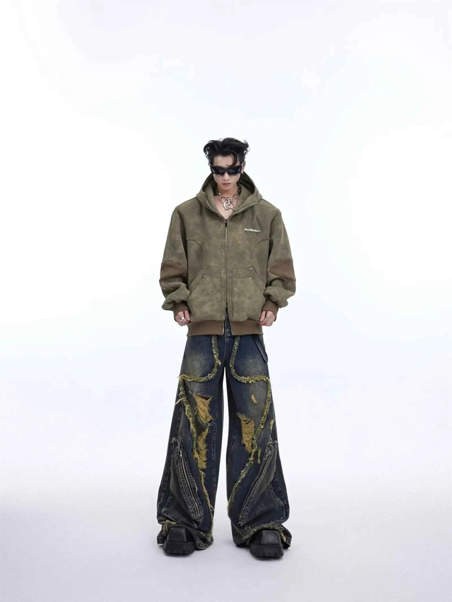 Y2K Streetwear Vintage Splicing Burr Edge Ripped Jeans