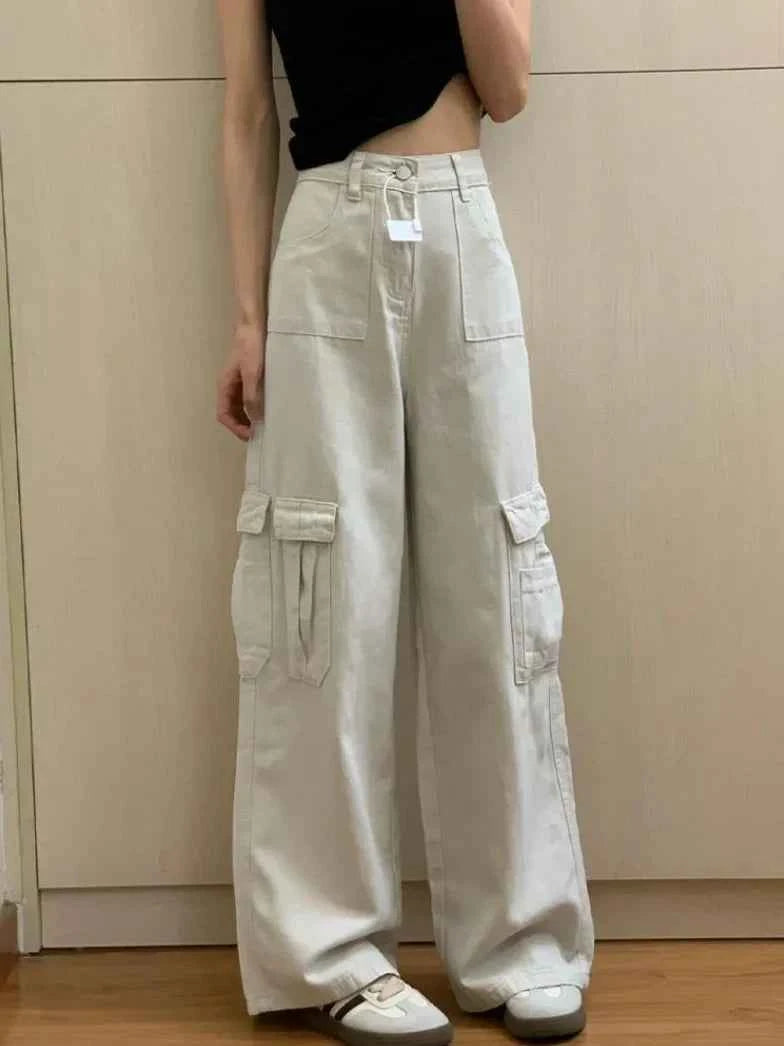 Cool Streetwear Beige High Waisted Cargo Jeans