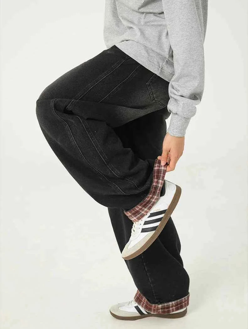 American Casual Plaid Patchwork Washed Jeans