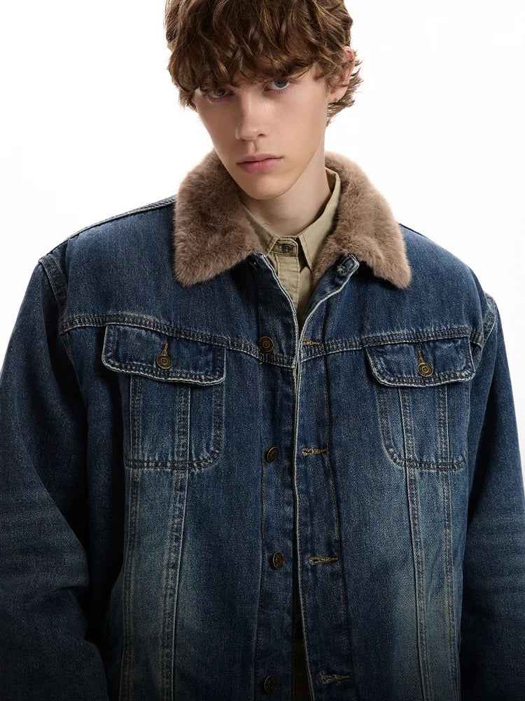 Durable Style Brushed Fur Collar Denim Jacket