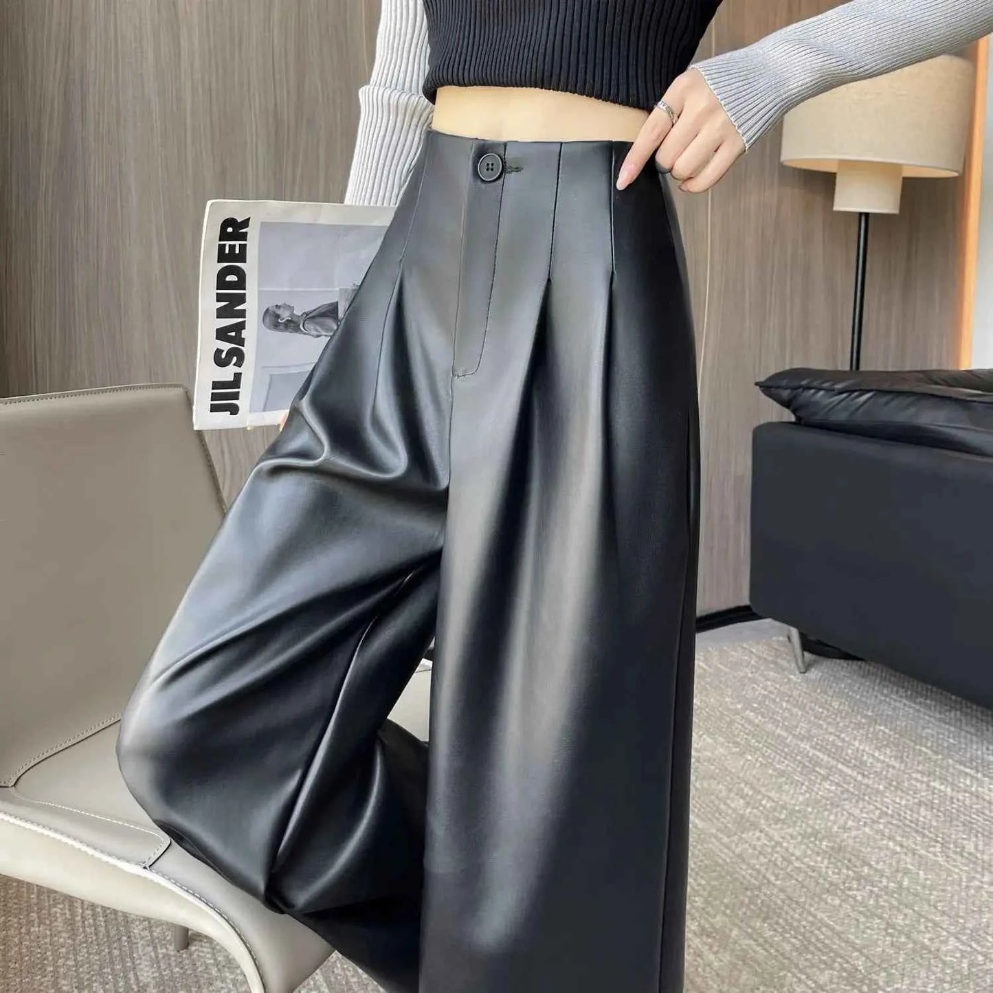 High Waist Wide Leg Leather Pants