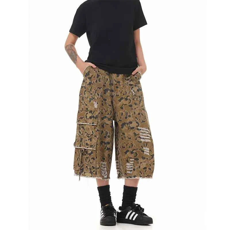 Trendy Vintage Camouflage Wide Leg Ripped Jorts
