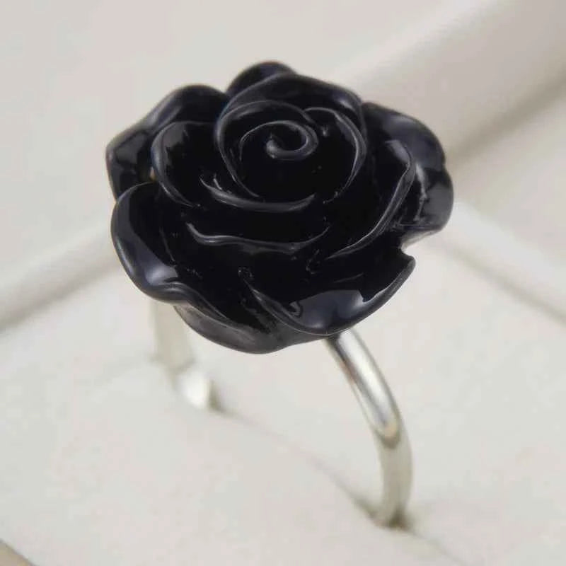 Black Rose Bud Adjustable Ring
