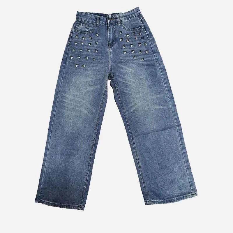 Vintage Washed Rivet Design Wide Leg Jeans