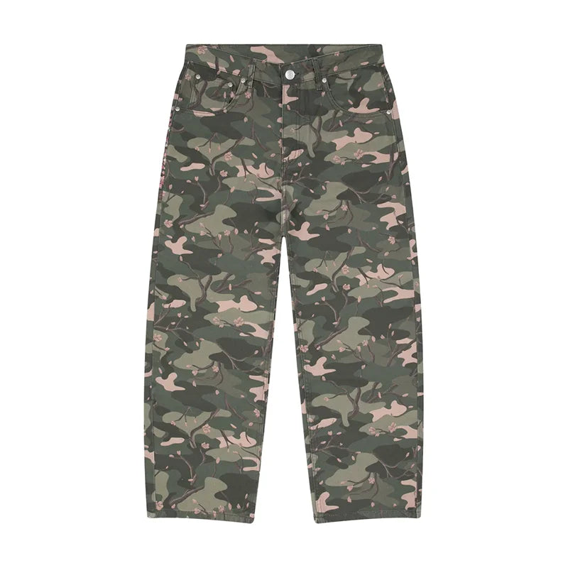 LUW Cherry Blossom Embroidery Camouflage Pattern Streetwear Jeans