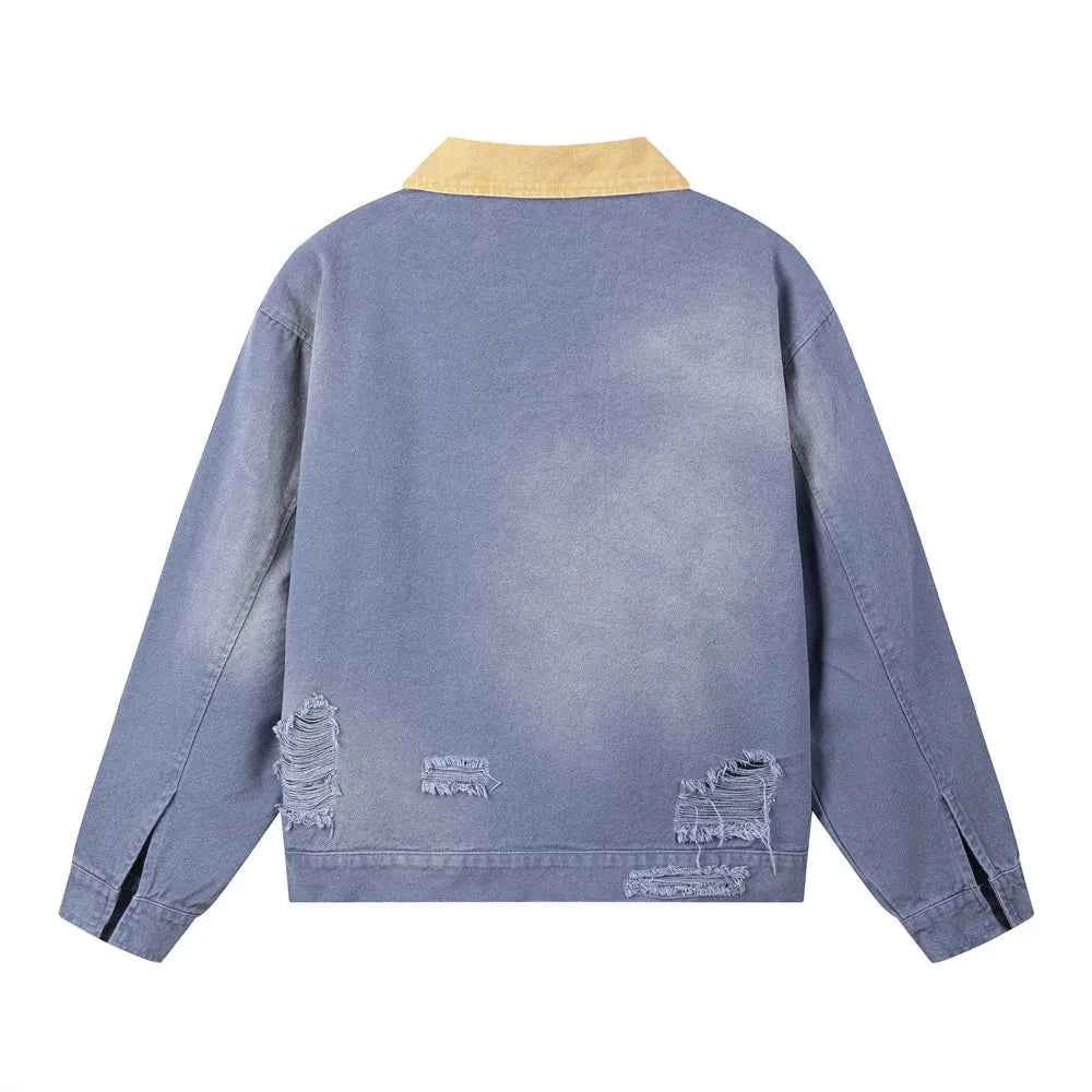 Retro Loose Color Block Cargo Ripped Denim Jacket