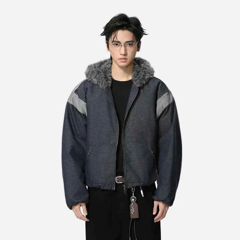 Y2K Versatile Patchwork Faux Fur Hooded Jacket