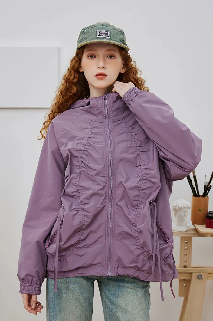 Minimalist Pleated Loose Fit Hooded Windbreaker Jacket - Luxuryurbanwear