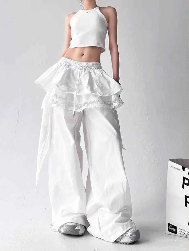 Contrasting Color Patchwork Lace Wide Pants