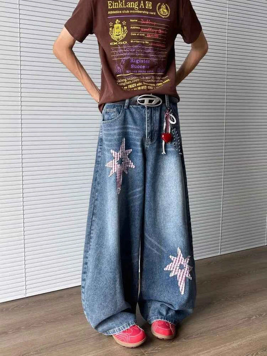 Star Embroidery Baggy Stacked Hip Hop Jeans