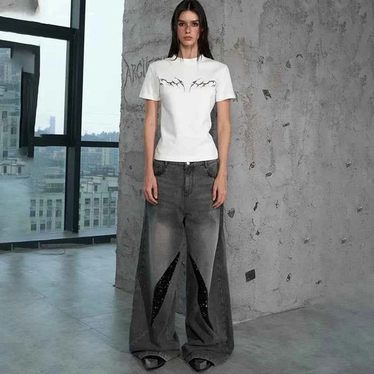 Luxury Sequin Patchwork Wide Leg Jeans