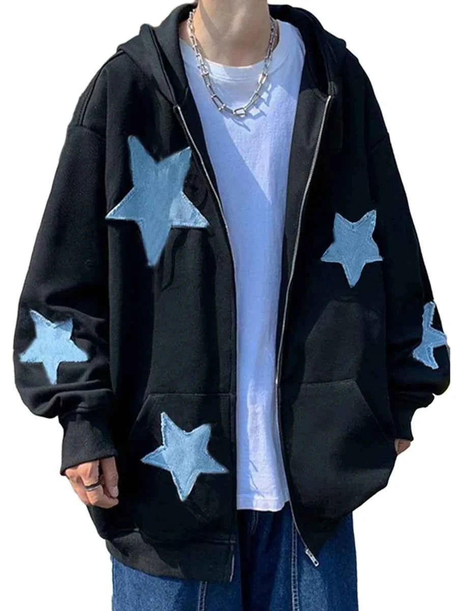 Streetwear Starry Zip Casual Long Hooded Sweatshirt