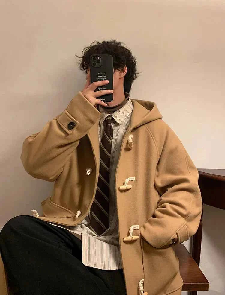 Vintage Horn Buckle Woolen Hooded Coat