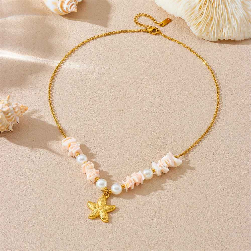 Golden Starfish Shell Pearl Pendant Necklace