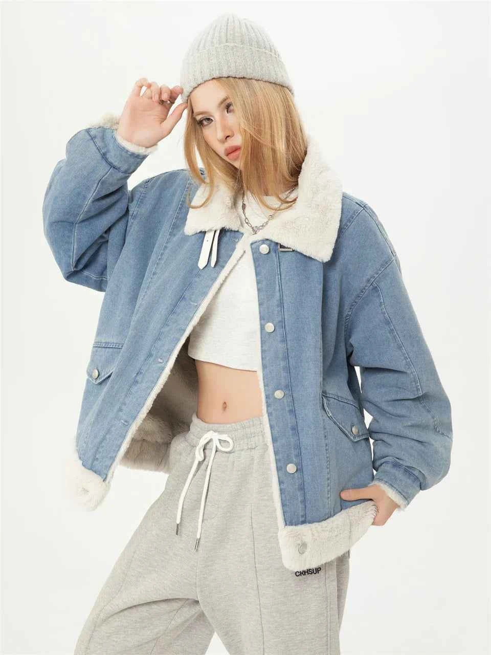 Sweet Blue Plush Lady Short Denim Jacket