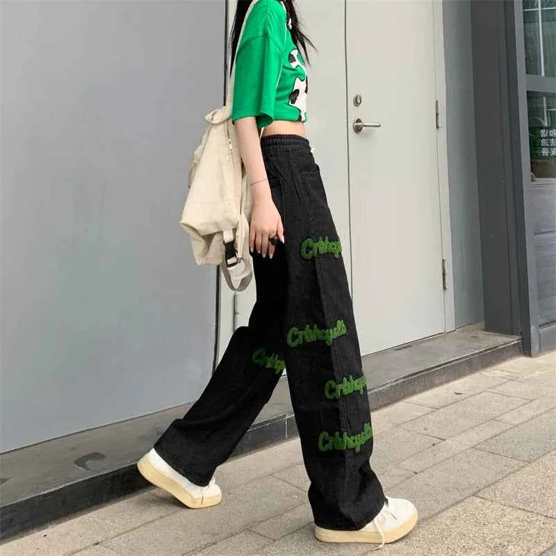 Elastic High Waist Flocked Embroidered Jeans