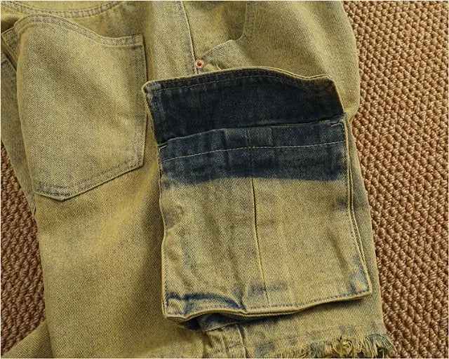 Yellow Distressed Washed Denim Cargo Short