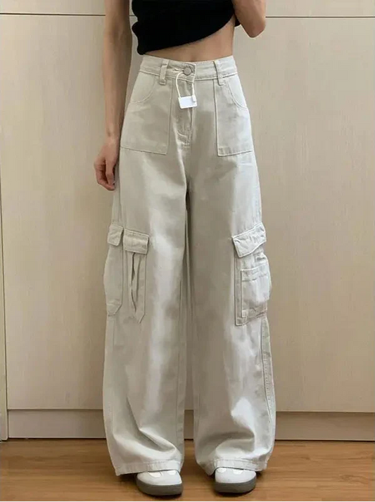 Cool Streetwear Beige High Waisted Cargo Jeans - Luxuryurbanwear