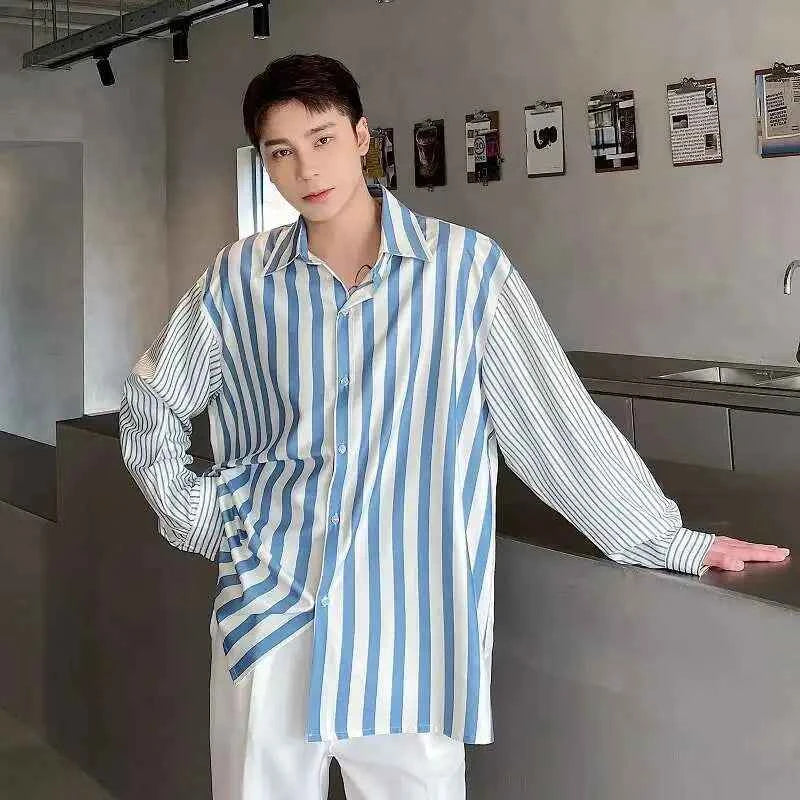 High-Quality Satin Stripe Splicing Long Sleeve Shirt