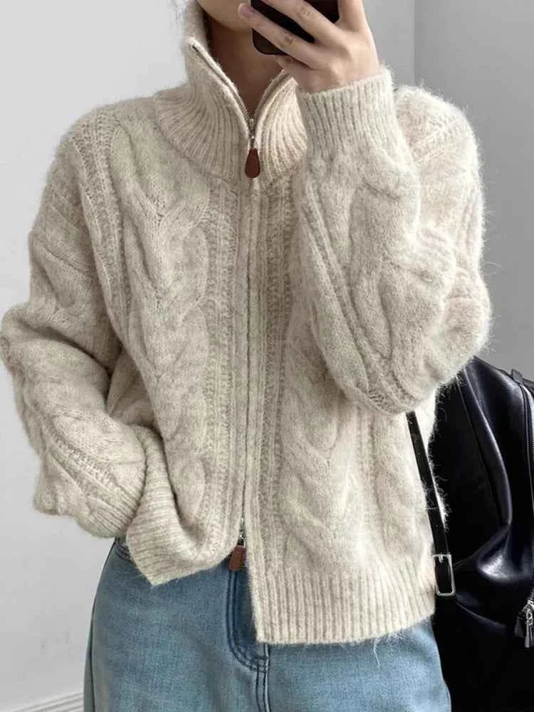 Soft Waxy High Neck Zipper Sweater
