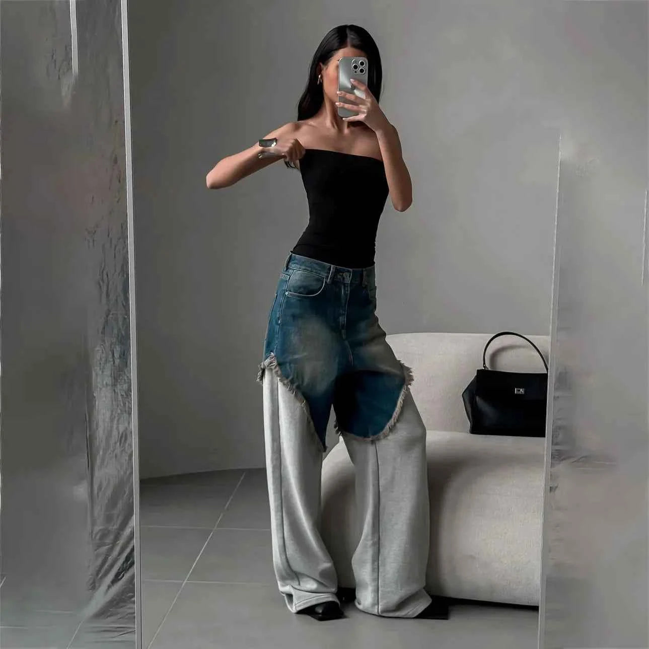 Distressed Patchwork Wide Leg Denim Pants
