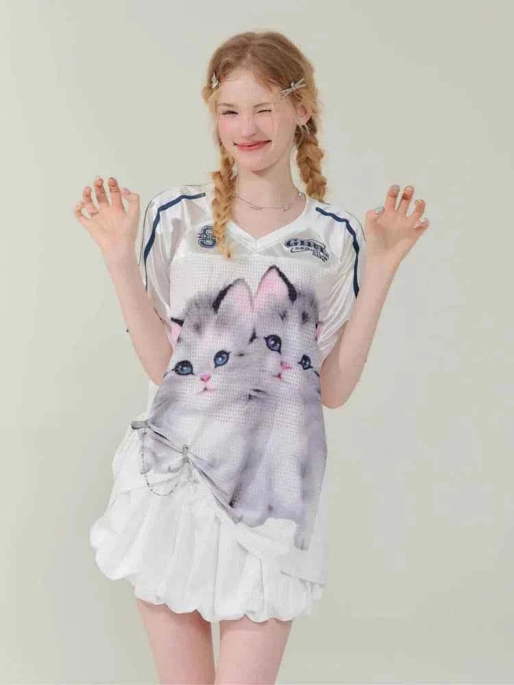 Funny Cat Print Football Jersey T-Shirt
