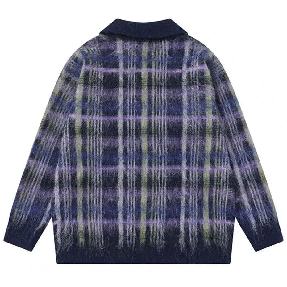Flattering Oversized Plaid Knit Casual Polo Sweater