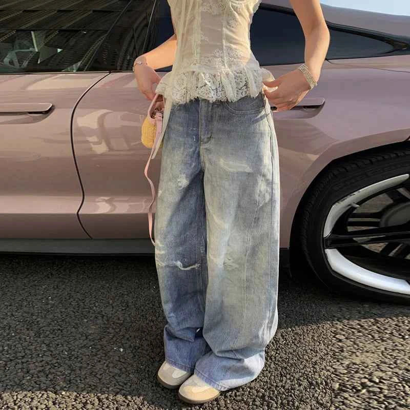 Vintage Korean Style Washed Ripped High-Waisted Jeans